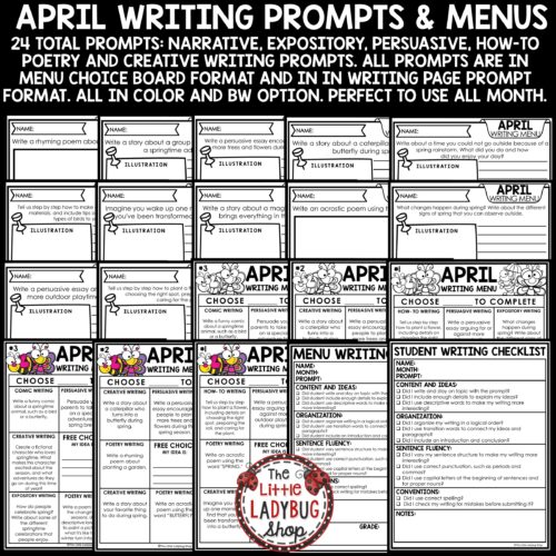 April Writing Prompts Choice Boards 3rd 4th Grade