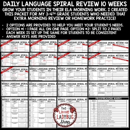 Daily ELA Grammar Spiral Language Review Worksheets