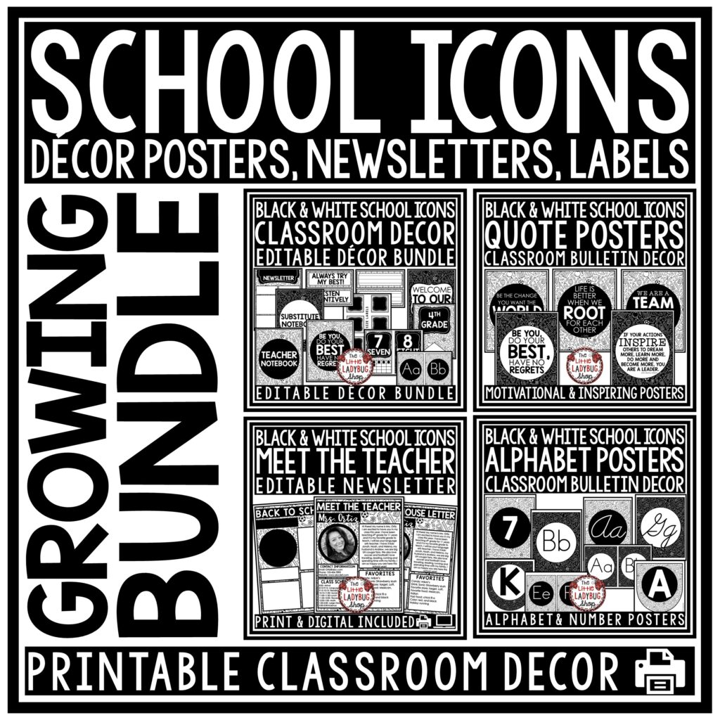 School Doodles Black and White Theme Classroom Decor Bundle