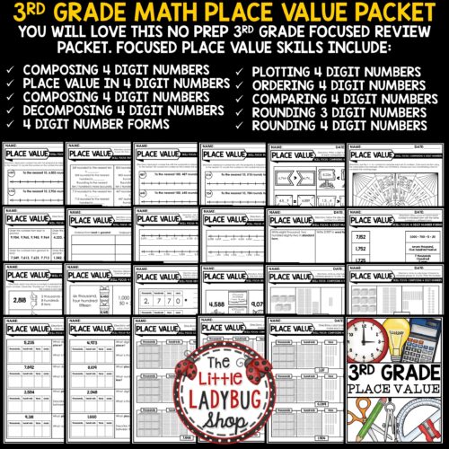 3rd Grade Place Value Math Review Practice Worksheets Rounding Comparing Number