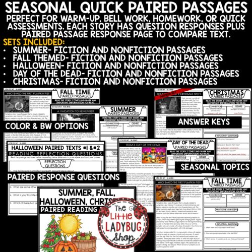 Quick Fall, Halloween, Día de Los Muertos, Christmas Reading Paired Passages Comprehension for 3rd, 4th grade