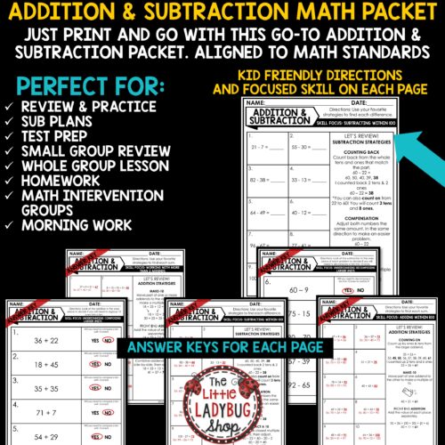3rd Grade Addition and Subtraction Math Review Practice Worksheets Math Skills