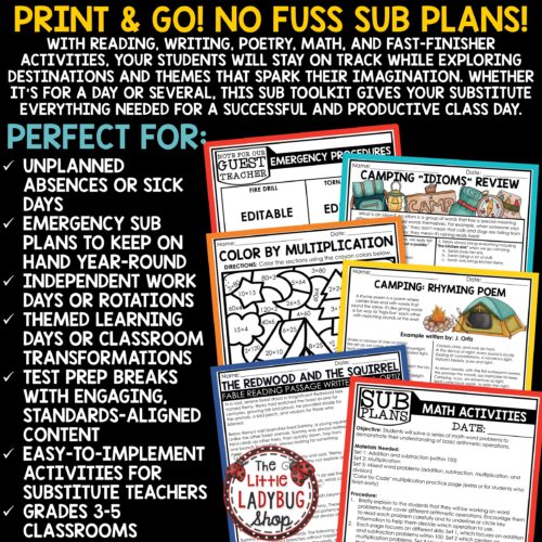 Camping Theme Emergency Sub Plans 3rd 4th Grade Substitute Binder Lesson Template