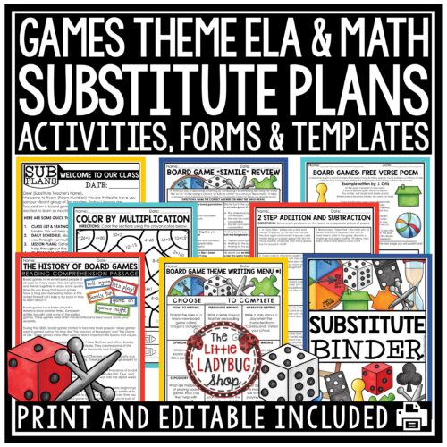 Board Games Theme Emergency Sub Plans 3rd 4th Grade Substitute Binder Lesson Template