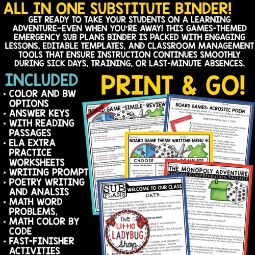 Board Games Theme Emergency Sub Plans 3rd 4th Grade Substitute Binder Lesson Template
