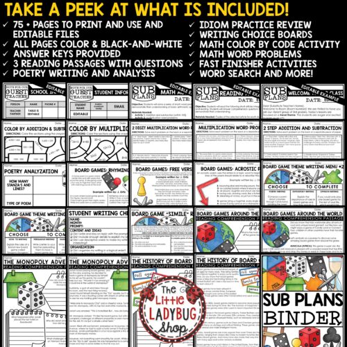 Board Games Theme Emergency Sub Plans 3rd 4th Grade Substitute Binder Lesson Template