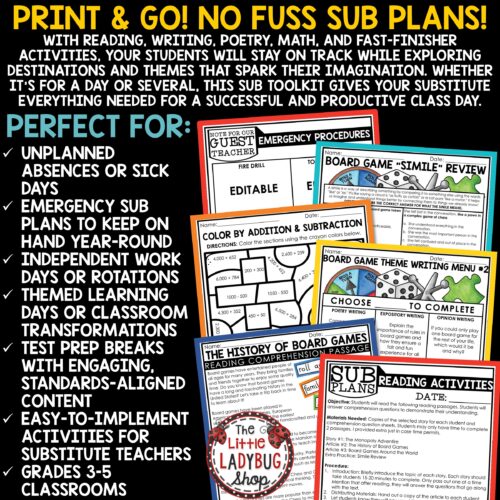 Board Games Theme Emergency Sub Plans 3rd 4th Grade Substitute Binder Lesson Template