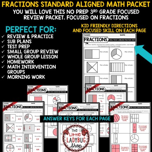 3rd Grade Fractions Review Practice Worksheets