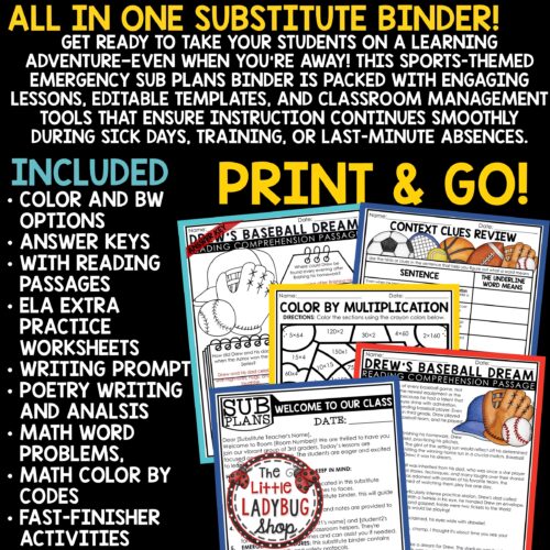 Sports Theme Emergency Sub Plans 3rd 4th Grade Substitute Binder Lesson Template
