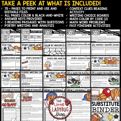 Sports Theme Emergency Sub Plans 3rd 4th Grade Substitute Binder Lesson Template