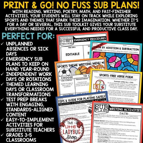 Sports Theme Emergency Sub Plans 3rd 4th Grade Substitute Binder Lesson Template