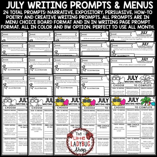 July Writing Prompts Choice Board