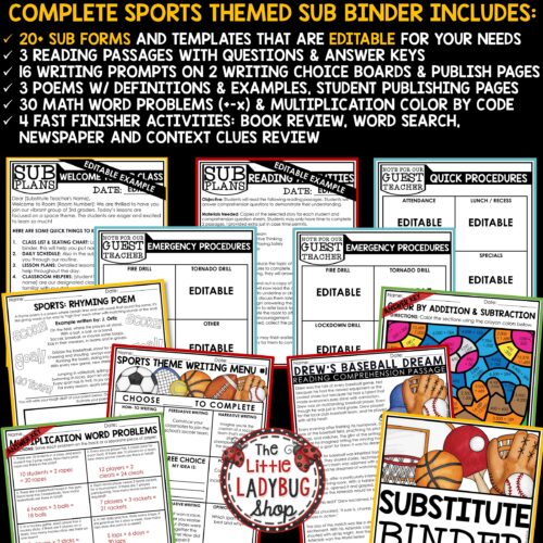 Sports Theme Substitute Binder Sub Plans
