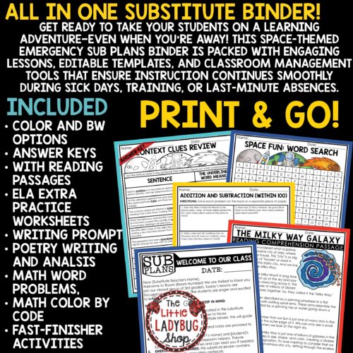 Space Theme Emergency Sub Plans 3rd 4th Grade Substitute Binder Lesson Template