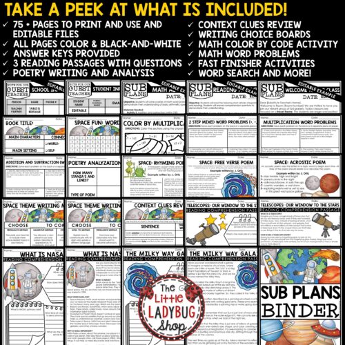 Space Theme Emergency Sub Plans 3rd 4th Grade Substitute Binder Lesson Template