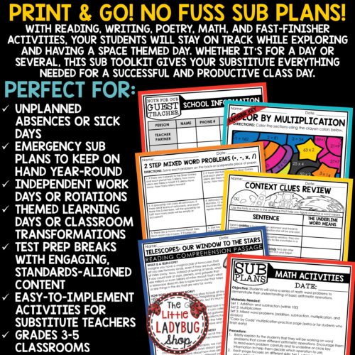 Space Theme Emergency Sub Plans 3rd 4th Grade Substitute Binder Lesson Template