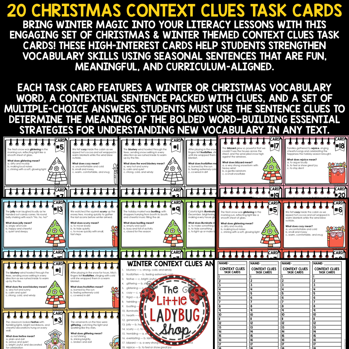 Winter Christmas Context Clues Task Cards Worksheets 3rd 4th Grade