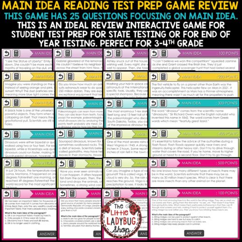 Main Idea Reading Review ELA Test Prep 3rd 4th Grade Reading Game Show Review