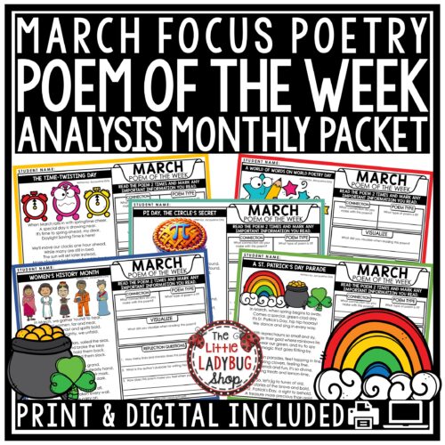 March Focused Poem of the Week is the perfect activity for your upper elementary students, focusing on Women's' History Month, Pi Day St. Patty's Day & more