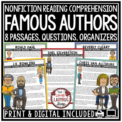 Famous Authors Reading Comprehension Passages Activities for Upper Elementary Students perfect for Read Across America Week for 3rd, 4th and 5th graders.
