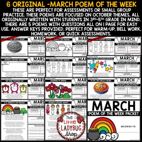 March Focused Poem of the Week is the perfect activity for your upper elementary students, focusing on Women's' History Month, Pi Day St. Patty's Day & more