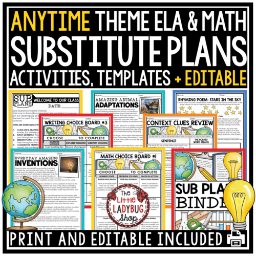 Emergency Sub Plans Template Binder 3rd 4th Grade Substitute Teacher Activities