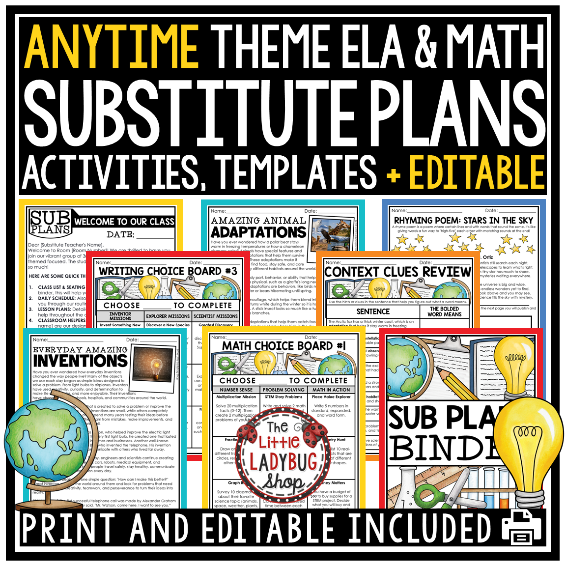 Emergency Sub Plans Template Binder 3rd 4th Grade Substitute Teacher Activities