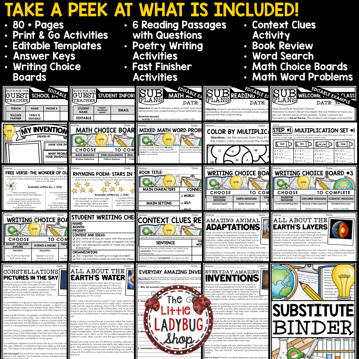 Emergency Sub Plans Template Binder 3rd 4th Grade Substitute Teacher Activities
