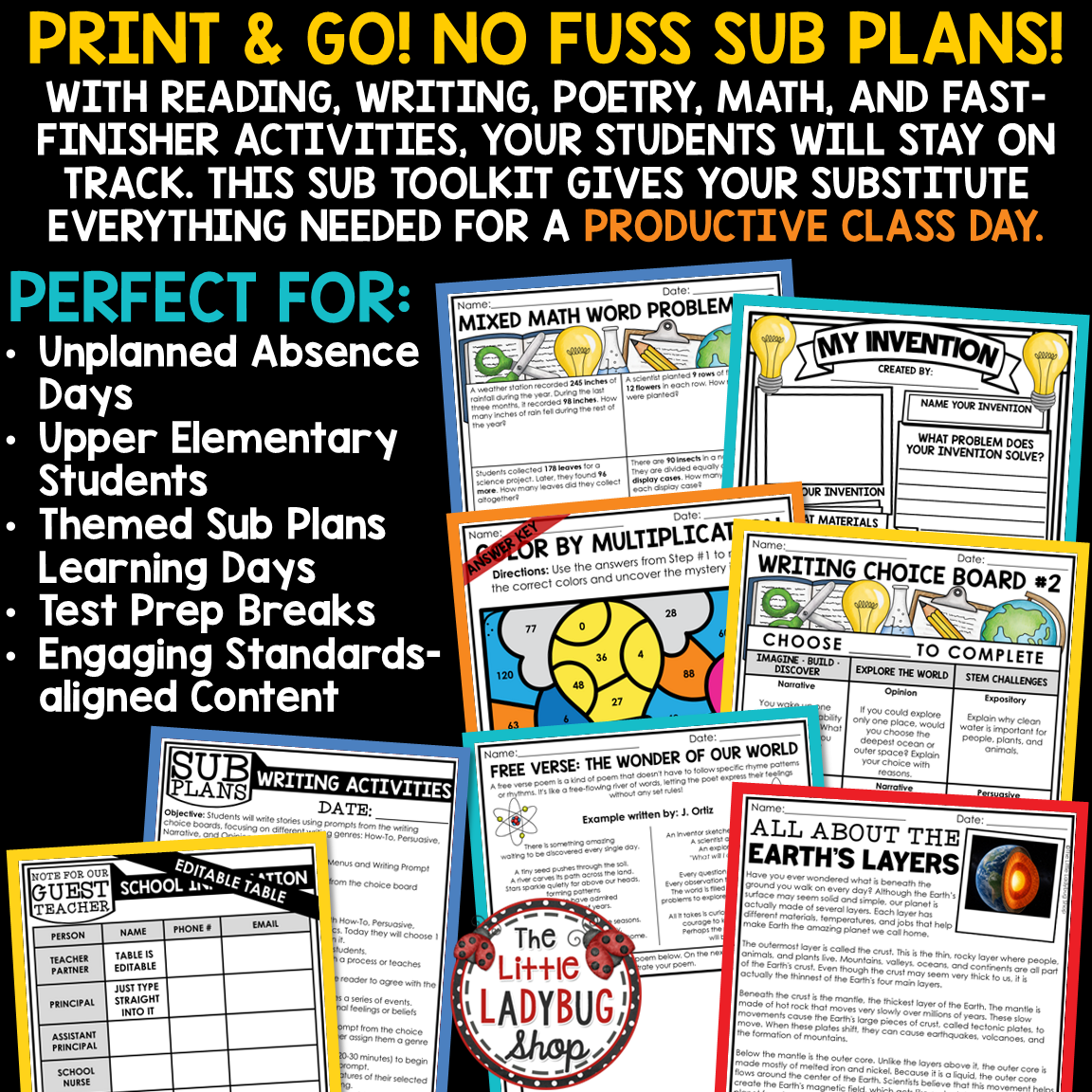 Emergency Sub Plans Template Binder 3rd 4th Grade Substitute Teacher Activities