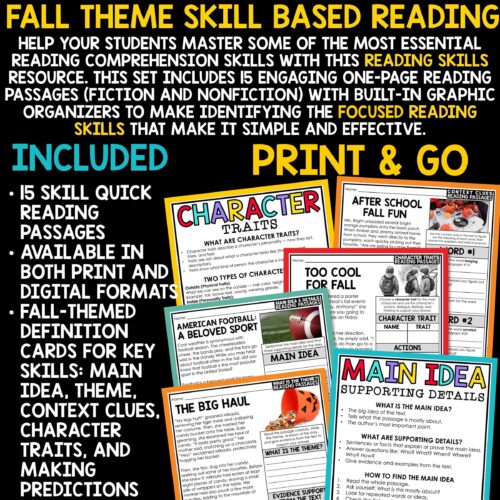 Fall October Reading Skills Comprehension Passages and Questions 3rd 4th Grade