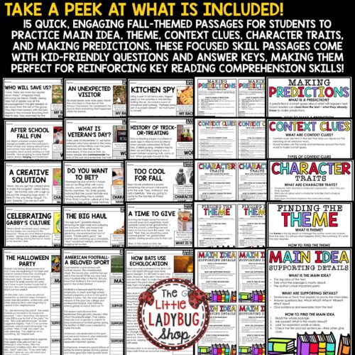 Fall October Reading Skills Comprehension Passages and Questions 3rd 4th Grade