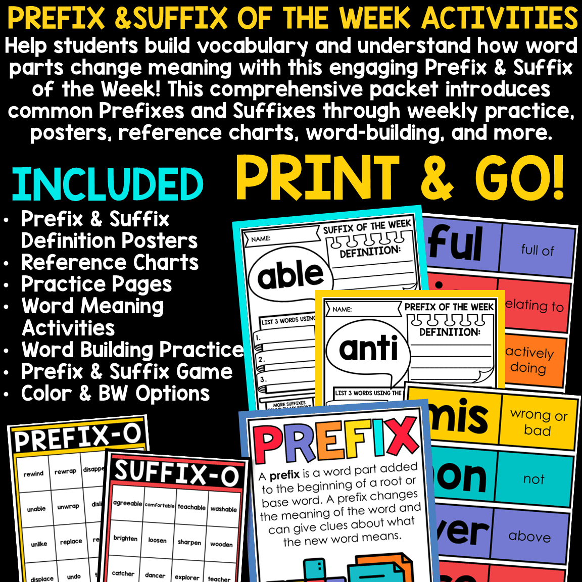 Prefixes and Suffixes Worksheets Activities Posters Vocabulary Word Work