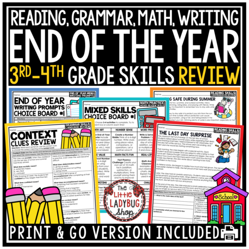 End of Year Summer Reading Math Review Activities 3rd 4th Grade