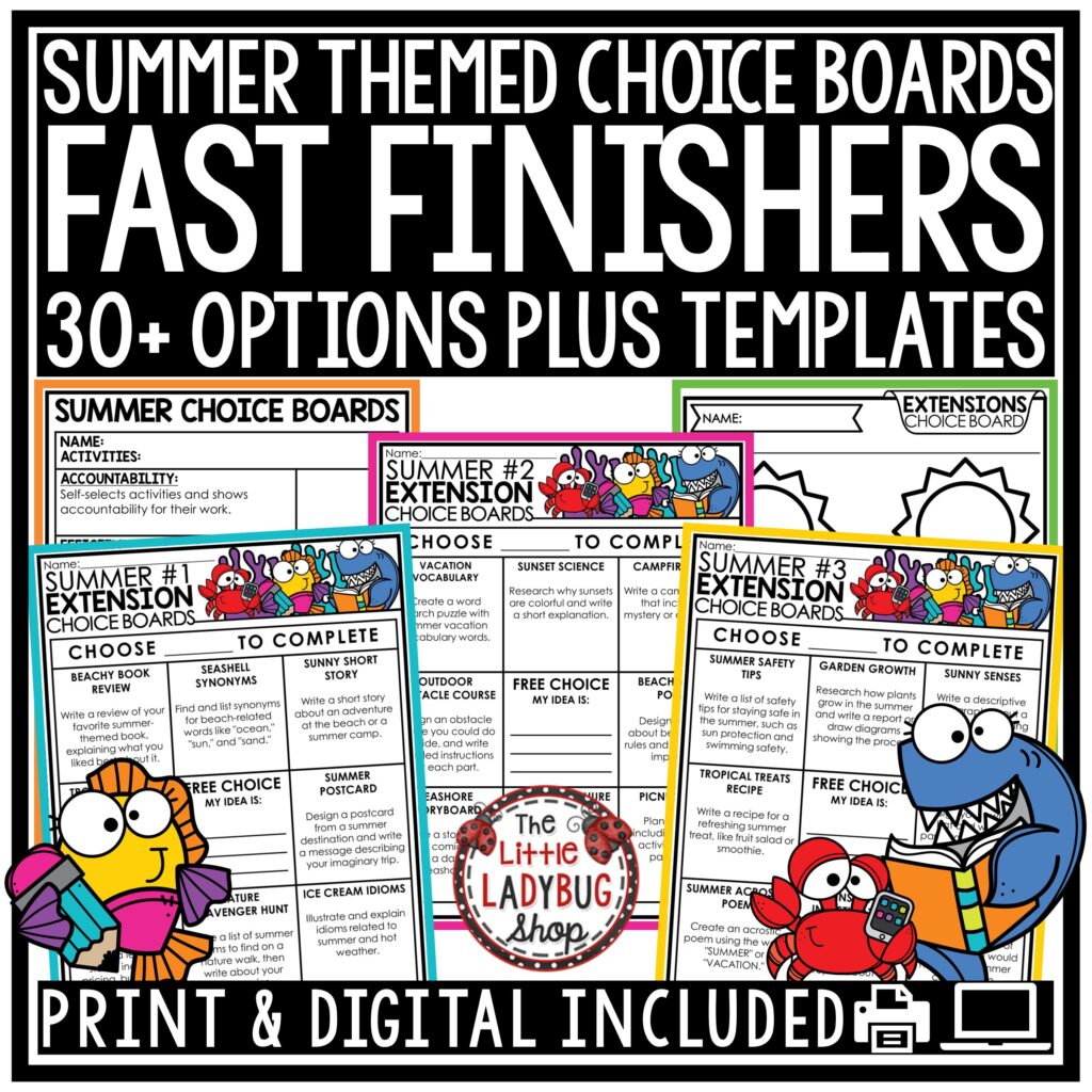 Summer Theme Fast Finishers Choice Boards 3rd 4th Grade