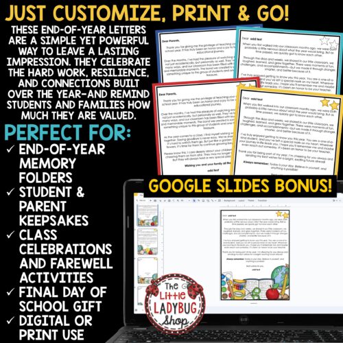 Editable Last Day End of the Year Letter to Students Parents Thank You Note Card