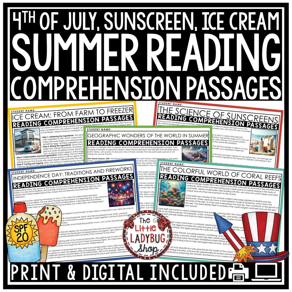 Summer June July Reading Comprehension Passages for upper elementary students in 3rd, 4th, 5th grade and homeschool students