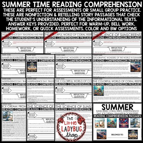 Summer June July Reading Comprehension Passages for upper elementary students in 3rd, 4th, 5th grade and homeschool students