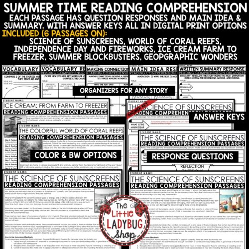 Summer June July Reading Comprehension Passages for upper elementary students in 3rd, 4th, 5th grade and homeschool students