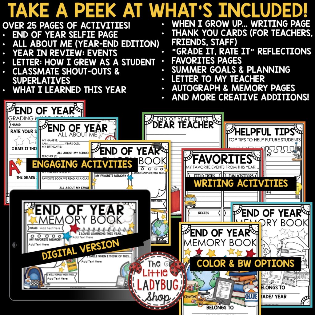End of Year Memory Book 3rd 4th 5th Grade Last Week of School Writing Activities