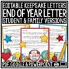 Editable Last Day End of the Year Letter to Students Parents Thank You Note Card
