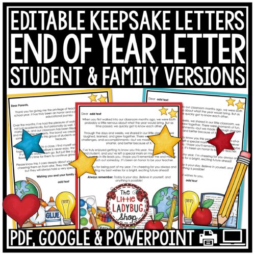 Editable Last Day End of the Year Letter to Students Parents Thank You Note Card