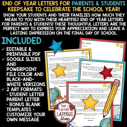 Editable Last Day End of the Year Letter to Students Parents Thank You Note Card