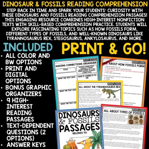 Dinosaurs Activities Reading Passages Types of Fossils Worksheets