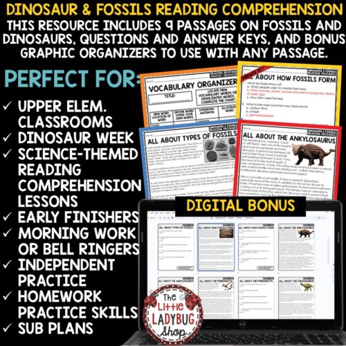 Dinosaurs Activities Reading Passages Types of Fossils Worksheets