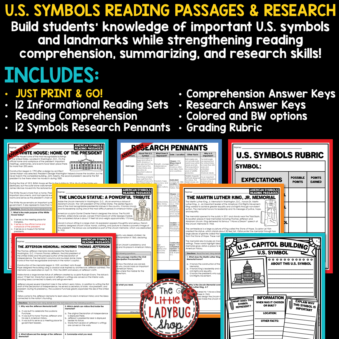 US American Symbols of the United Stated Landmarks Worksheets Reading Passages 3rd 4th 5th Grade