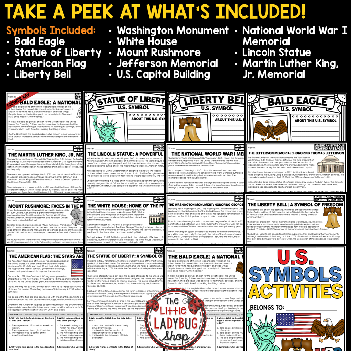 US American Symbols of the United Stated Landmarks Worksheets Reading Passages 3rd 4th 5th Grade