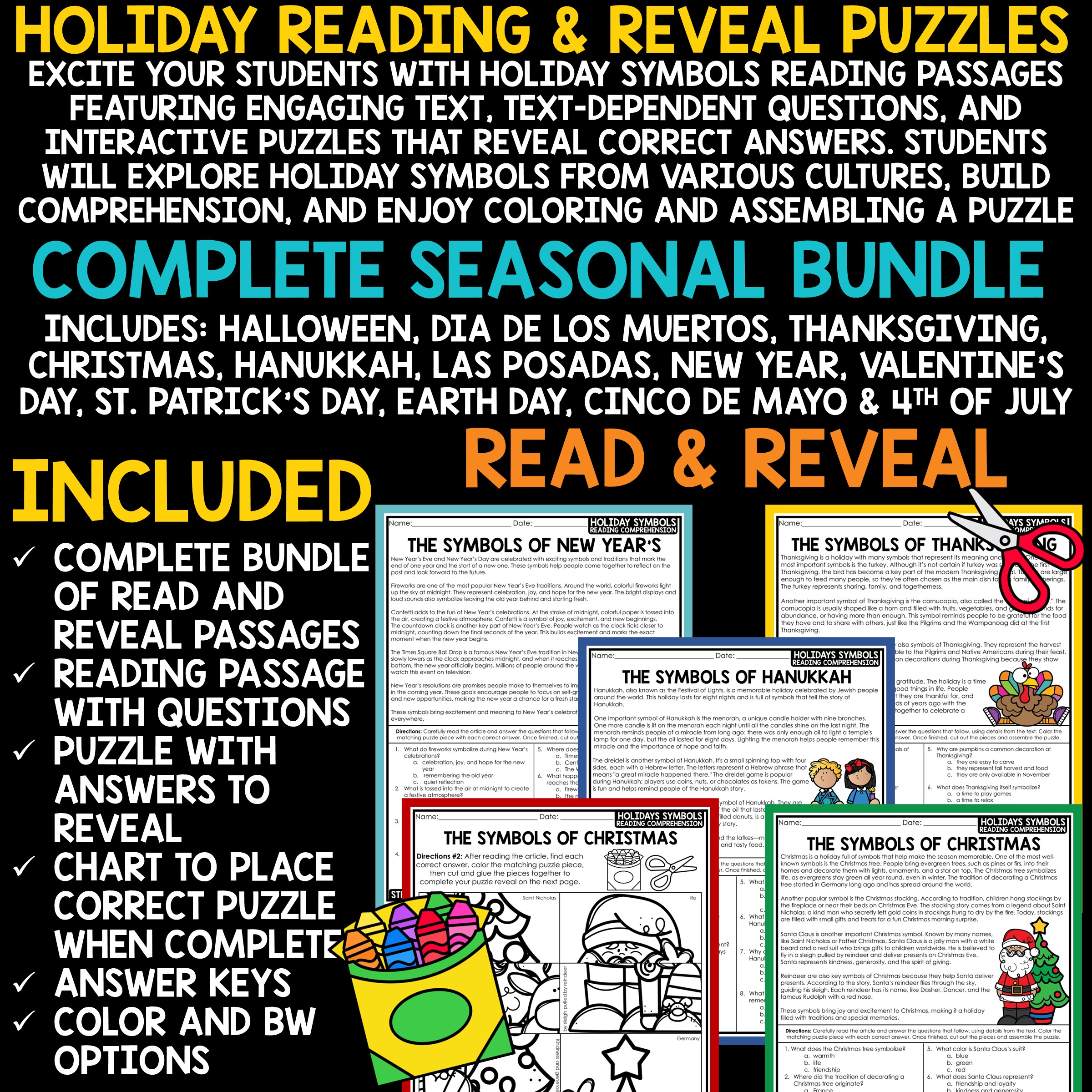 Holiday Symbols Reading Passages Early Finisher Activities 3rd 4th Grade