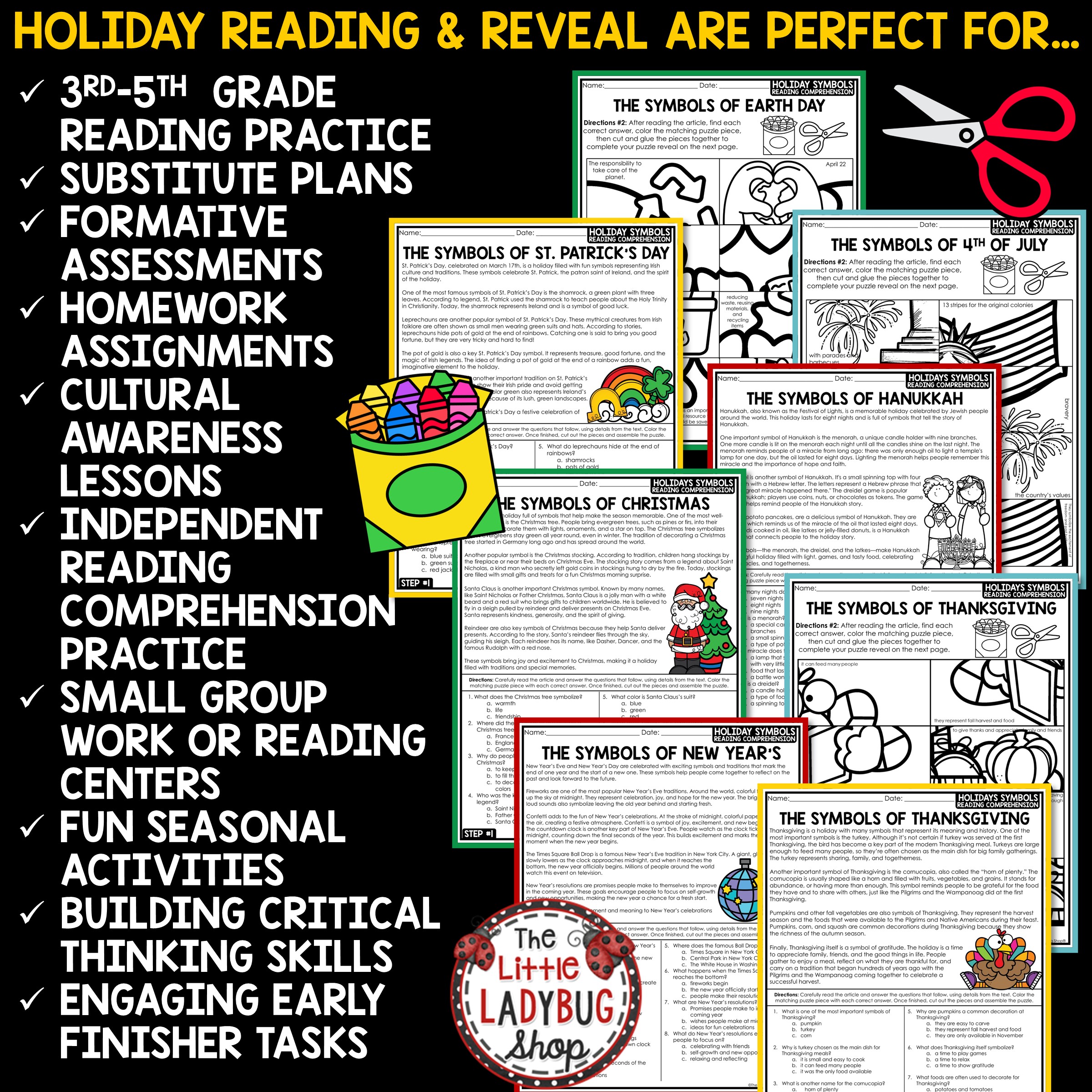 Holiday Symbols Reading Passages Early Finisher Activities 3rd 4th Grade
