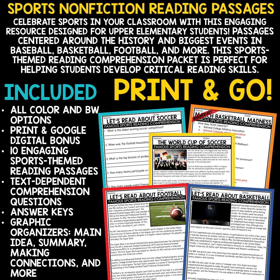 Soccer Basketball Football Sports Reading Comprehension Passages