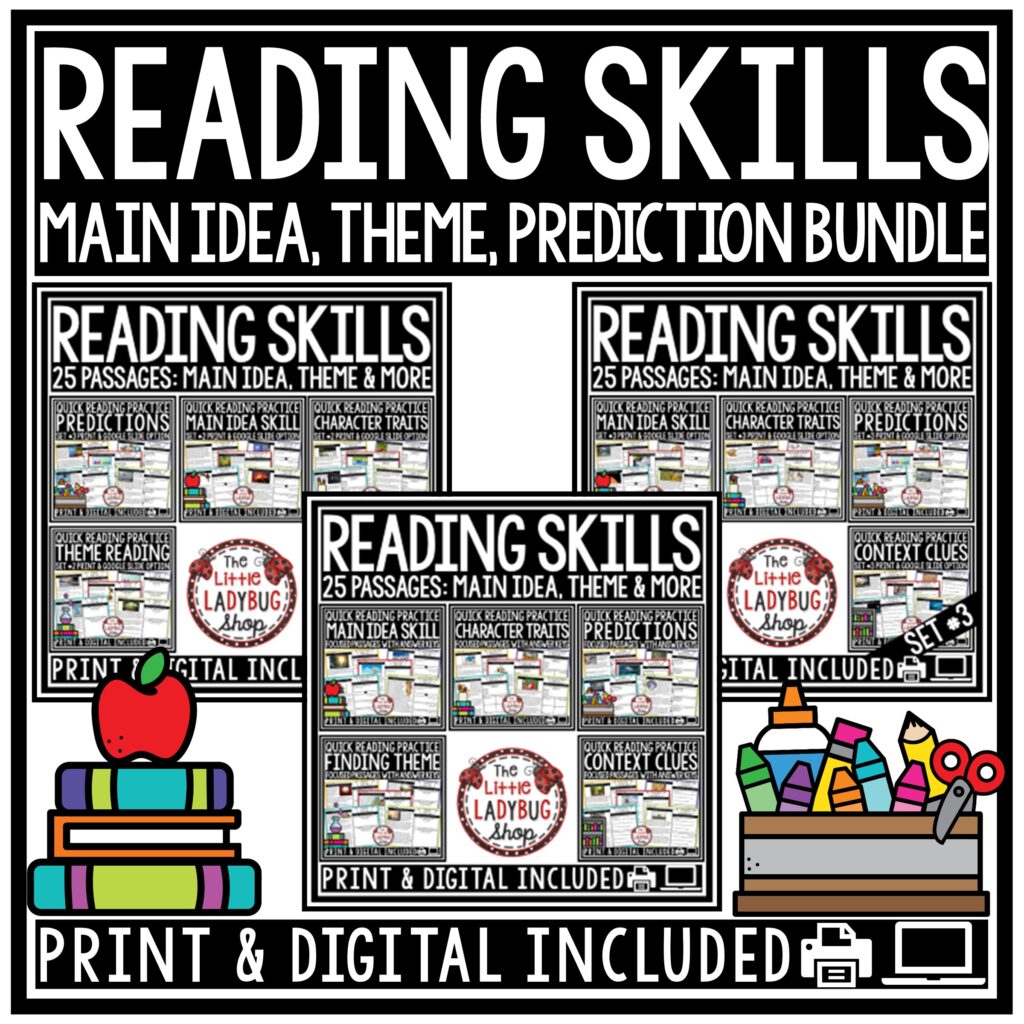 Reading Skills Main Idea, Theme, Context Clues, Predictions Bundle